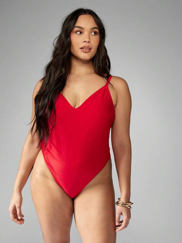 MISSGUIDED MISSGUIDED PLUS Plus Size One Piece Swimsuit High Cut Plunge Neckline Spaghetti Strap Bathing Suit Beach Vacation Pool Party Summer Swimming Wear