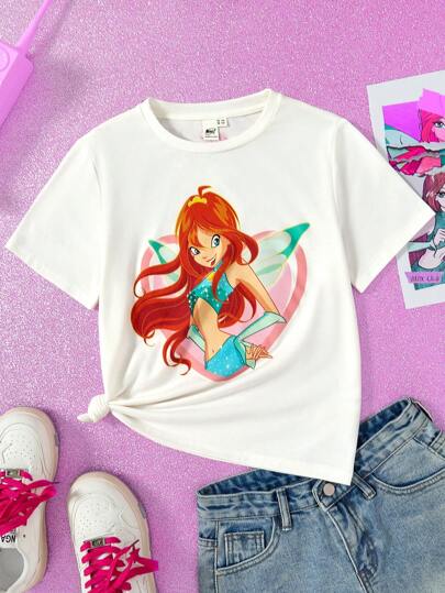 The Winx X SHEIN T-shirt blanc décontracté à manches courtes avec imprimé portrait de jeune fille adolescente