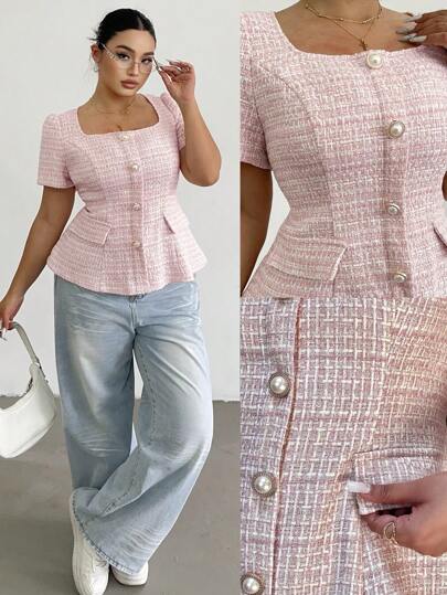 Flirla Plus Size Women's Square Collar Short Sleeve Button And Zipper Embellished Elegant Vacation And Party Shirt