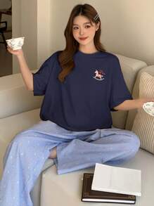 DAZY Bộ áo sơ mi in hình ngựa dễ thương & quần ngủ chấm bi nhiều màu, 2 món đồ mặc ở nhà thường ngày - Màu xanh hải quân - Xem 5