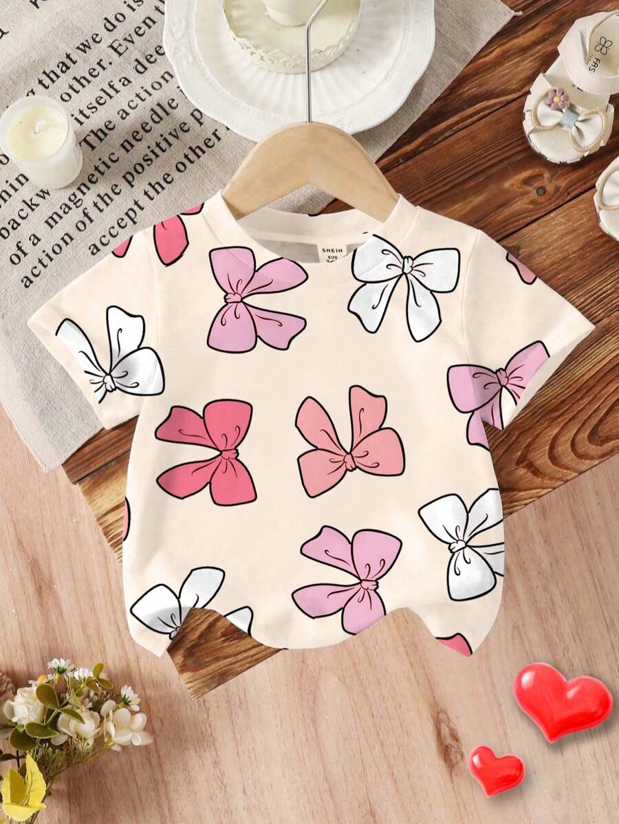 SHEIN 女婴蝴蝶结印花圆领短袖休闲上衣 - 彩色 - 查看 1