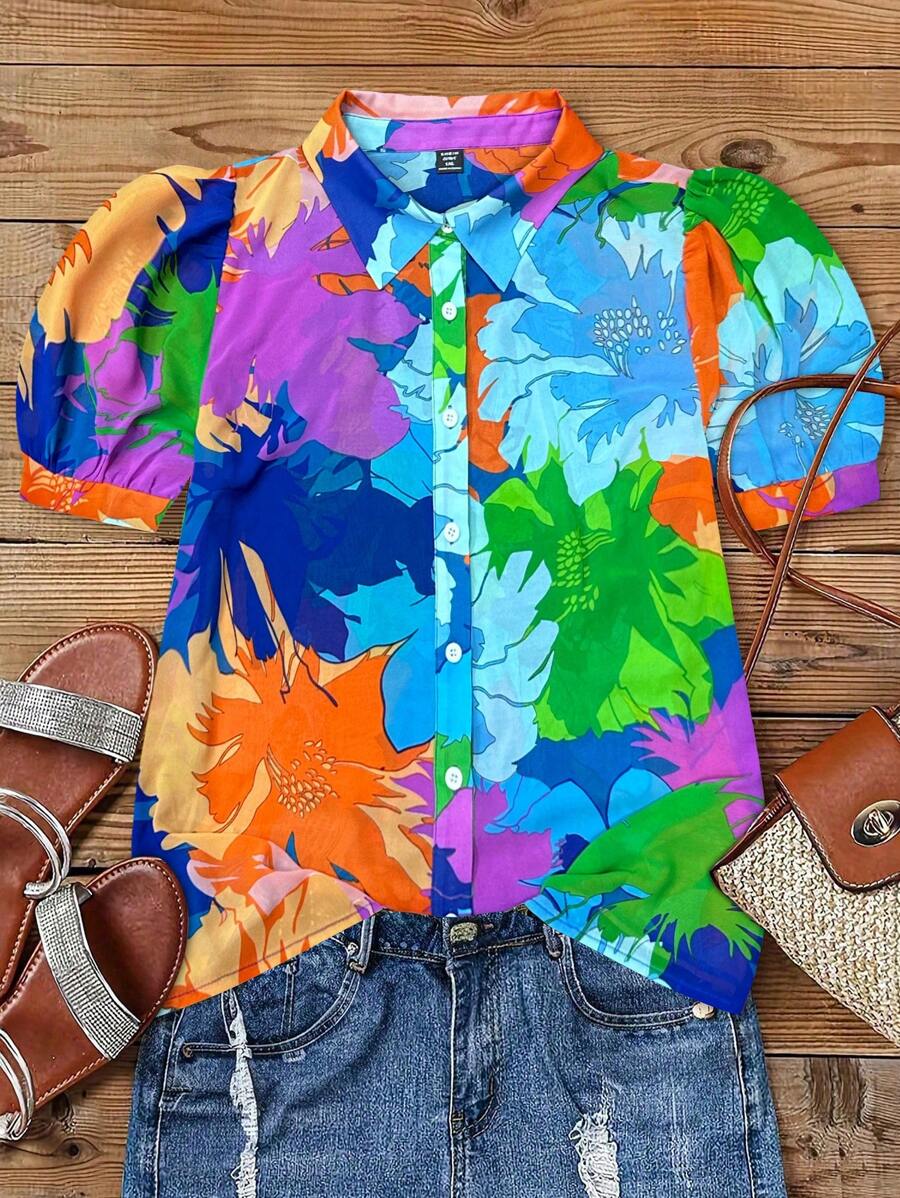 EMERY ROSE Plus Size Women Chiffon Button Down Short Sleeve Floral Printed Casual Shirt, For Spring/Summer, Suitable For Daily Wear And Vacation Mardi Gras - Blue - View 1