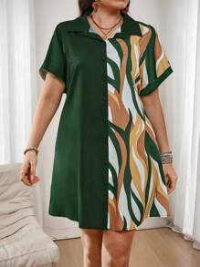 SHEIN LUNE Plus Size Solid Color Splicing Button Up Short Sleeve Casual Mini Dress Summer Spring Outfits For Women St Patrick Office Outfits For Women Business Casual Woman Dress Easter Vacation - Multicolor - View 5