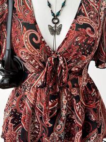 Sweetra Retro einfache lässige vintage DIY locker geschnittene Bluse mit ausgestellten Ärmeln, geschnürter Taille und Vorderbogen Dekor für Frauen