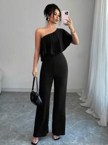 Elenzga Elegant Wrap Shoulder Ruffled Collar Waisted Women's Jumpsuit - Black - View 1