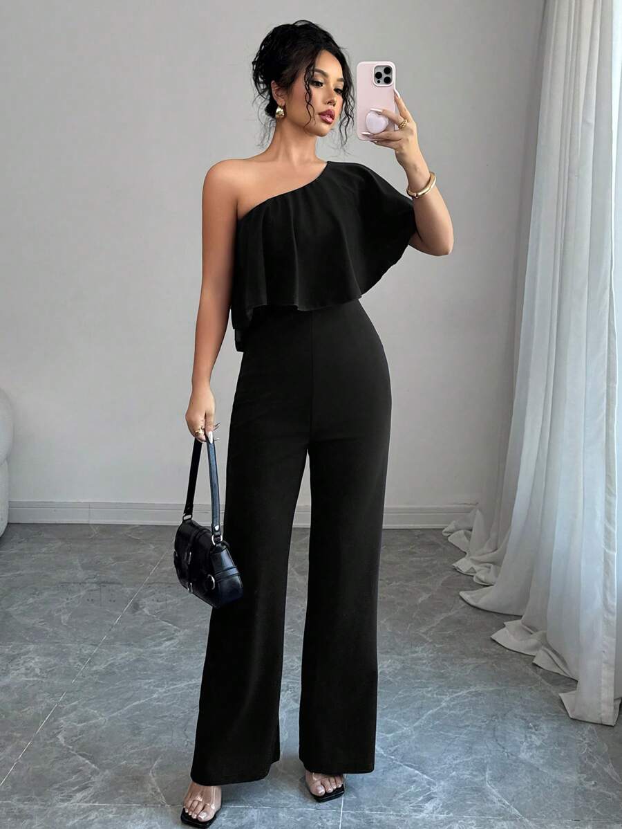 Elenzga Elegant Wrap Shoulder Ruffled Collar Waisted Women's Jumpsuit - Black - View 1
