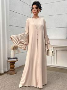 Yasmyna 2pcs Women Elegant Solid Pleated Flare Sleeve Dress & Jacket Set Pleated Dresses For Women - Apricot - View 4