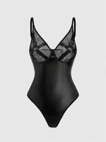 ROMWE Grunge Punk Mono negro sexy de PU con remaches y encaje punk - Negro - Ver 5