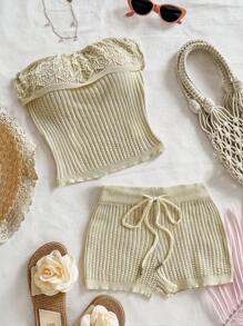 Soleia Conjunto de top corto y shorts ultra-cortos de punto texturizado para mujer, adecuado para fiesta y para usar por capas, atuendo de playa