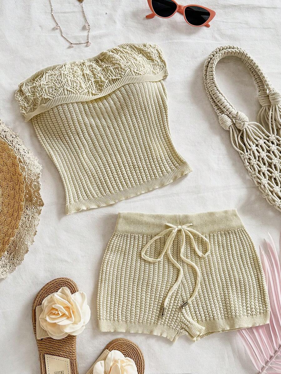Soleia Conjunto de top corto y shorts ultra-cortos de punto texturizado para mujer, adecuado para fiesta y para usar por capas, atuendo de playa - Beis - Ver 1