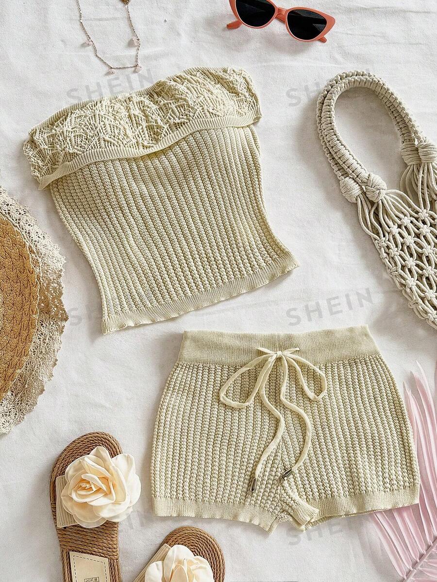 Soleia Conjunto de top corto y shorts ultra-cortos de punto texturizado para mujer, adecuado para fiesta y para usar por capas, atuendo de playa