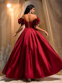 Glamrae Elegante vestido de gala de color vino tinto con mangas con volantes y escote fuera de los hombros realzado con lentejuelas, silueta de línea A con bajo de cola de pez, espalda descubierta y cierre ajustable, vestido formal perfecto para fiestas, bodas y eventos de noche - Burdeos - Ver 3