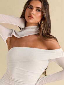 SHEIN BAE Women's Long Sleeve Mesh Asymmetrical Neck Ruched Bodycon Tops, Autumn/Winter - White - View 6