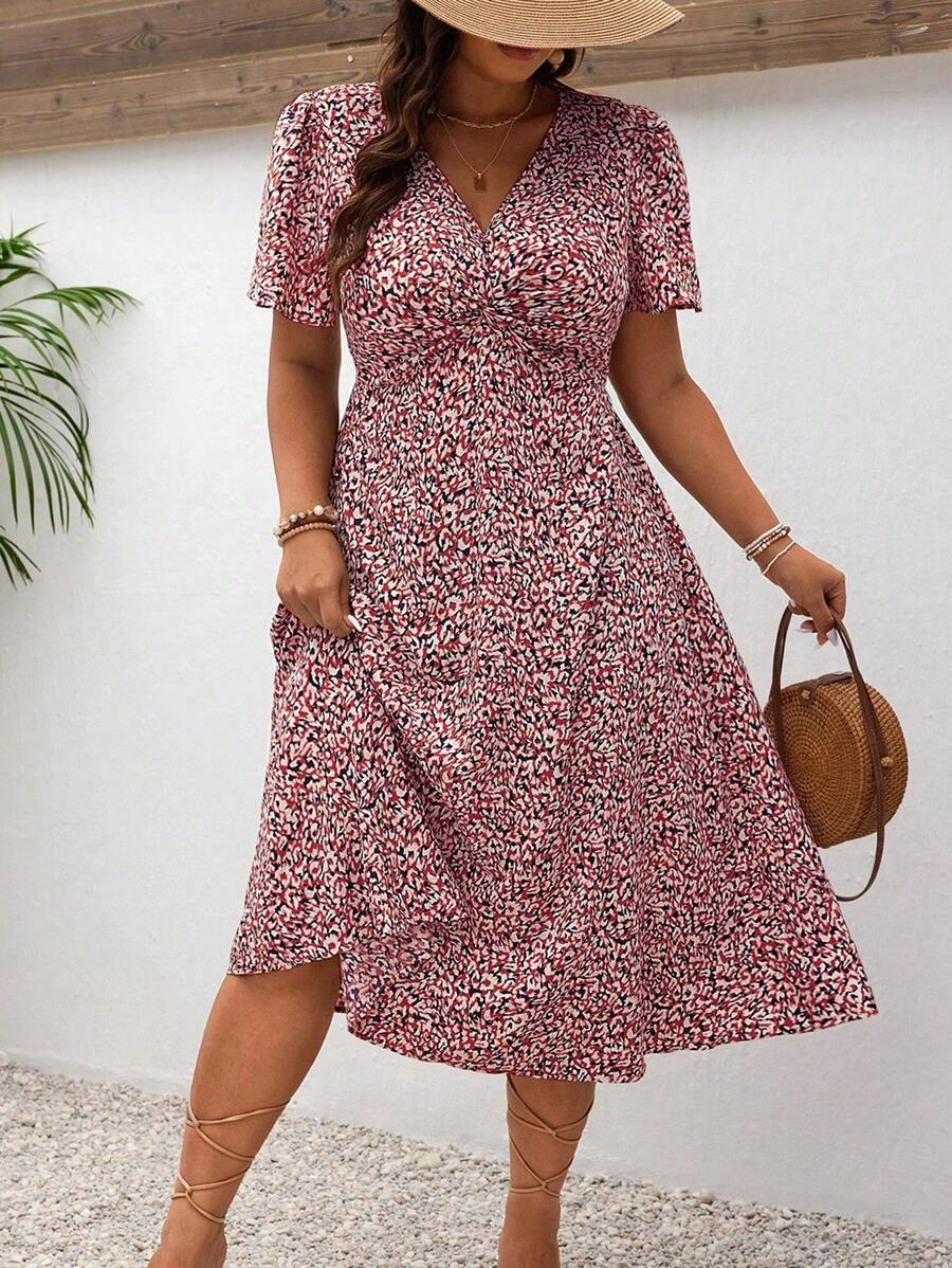 SHEIN Frenchy Quần áo giáo viên cỡ lớn, Váy ngắn tay mùa hè in họa tiết cổ chữ V Bridgerton - Đỏ - Xem 1