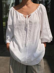 Livesso 女士宽松休闲沙滩度假风衬衫，夏季新款亚麻面料，秋季长袖露肩上衣 - 白色 - 查看 5