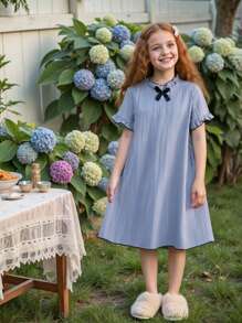 Girls' Simple Fashionable Light Blue Solid Color Bow Decorated Short Sleeve Nightgown Loungewear Youth Girl Clothes Youth Girls Clothes Young Girls Clothing Sets Short Sleeve Girl Dresses Elegant Casual - Blue - View 2