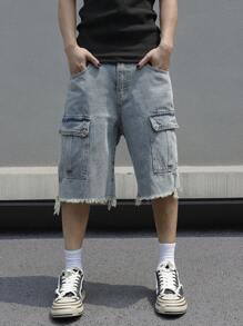 Manfinity EMRG Plus Size Men's Distressed Pocket Loose Wide Leg Casual Denim Shorts - Light Wash - View 1