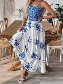 SHEIN Clasi Women's Elegant Vacation Style Blue & White Geometric Print Spaghetti Strap Waist-Cinching Maxi Dress
