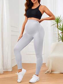 Easithlete Maternity Plain Color High Waist Fitted Leggings - Light Grey - View 5