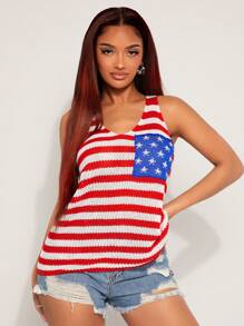 SHEIN SXY 女式 V 领休闲无袖针织上衣，带有美国国旗图案 - 彩色 - 查看 7