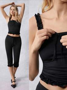SHEIN EZwear Women Two Pieces Camisole Cropped Pants Contrast Lace Two-Piece Outfits - White - View 1
