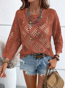 EMERY ROSE Women Plain Color Long Sleeve Sweater, Simple And Fashionable, Suitable For Summer Knit Pullover Fall Winter - Rust Brown - View 3