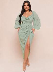 SHEIN BAE 女式加大码优雅派对约会性感闪光亮片垂坠领口褶饰不对称下摆开衩长袖连衣裙，豌豆绿 - 綠色 - 查看 3