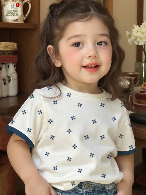 SHEIN Linda estampa floral de bolinhas, bloco de cores, blusa casual minimalista de manga curta e gola redonda para bebês meninas, adequada para o verão