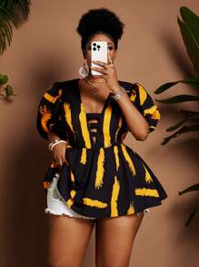 Maweii Áo sơ mi họa tiết hoa cổ chữ V tay bồng cỡ lớn thanh lịch - Nhiều màu - Xem 1