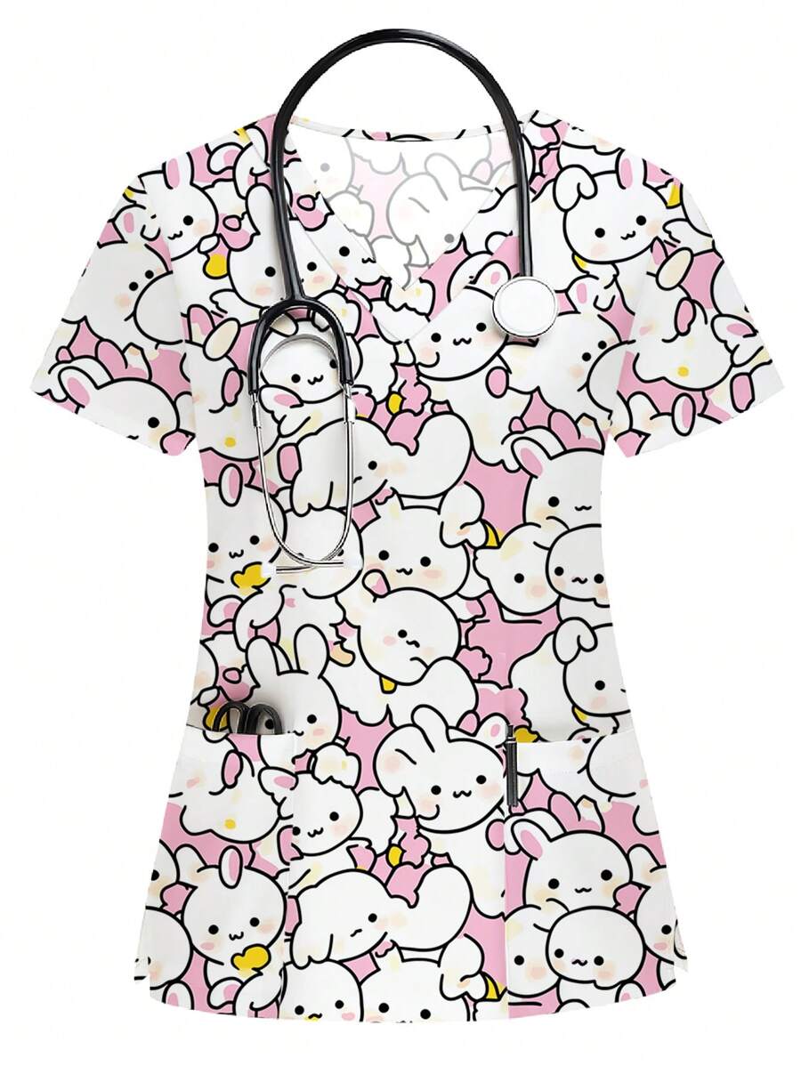 PopScrub 女式卡通兔子印花短袖护士制服上衣