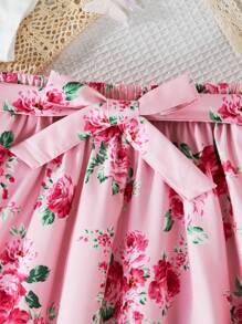 两件套少女休闲套装 - 圆领短袖长发女孩印花T恤和粉色玫瑰印花半身裙，夏季 - 粉色 - 查看 5