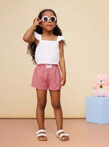 SHEIN CutesyCutie Young Girl Woven Solid Letter Print Elastic Waist Casual Shorts - Red - View 2