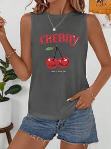 SHEIN LUNE CHERRY Camiseta sin mangas informal con estampado de frutas, adecuada para el verano - Gris Oscuro - Ver 3