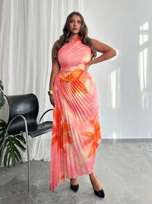 Firerie 优雅渐变色花卉印花不对称褶皱腰镂空无袖中长连衣裙，适合派对和度假，春夏季 - 橘色 - 查看 8