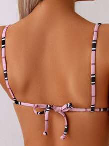 Swim Basics 2pcs Women Sexy Casual Vacation Color Block Pattern Strap Pearl Decor Bikini Set - Multicolor - View 5