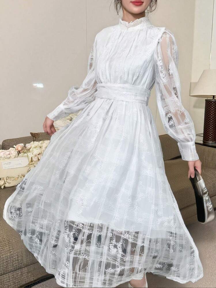 Women's Lace Waist Midi Dress, Minimalist & Stylish, Suitable For Fall Prom Dress Long Sleeve Dress Elegant Women Dresses