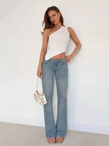 Roylia Women's Casual Loose Fit One Shoulder Hollow-Out Asymmetrical Hem Lightweight Knitted Top, Spring/Summer - White - View 5