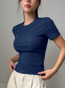 DAZY Áo thun cổ tròn tay ngắn màu trơn dáng ôm vừa vặn dành cho nữ - Màu xanh bụi bặm - Xem 4
