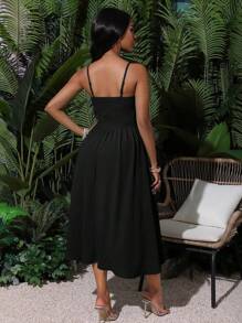 SHEIN Clasi 女士纯色节日细肩带连衣裙长款女装 - 黑色 - 查看 2