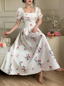 Feyla Women's Elegant Floral Allover Print Puff Sleeve Dress