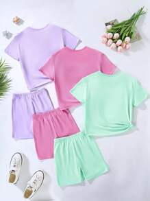 SHEIN 6pcs/Set Tween Girls' Summer Casual Leopard & Colorful Heart Pattern Short Sleeve T-Shirt + Shorts Outfit