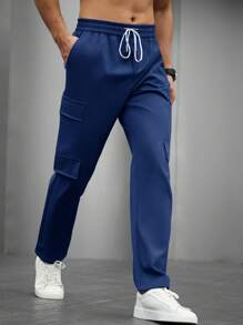 Manfinity Homme Men's Plain Color Minimalist Design Casual Pants, Suitable For Summer - Navy Blue - View 5