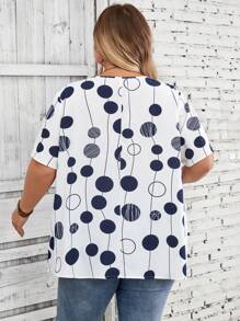 SHEIN CURVE+ Plus Size Women's Summer Polka Dot Printed Round Neck Short Sleeved Shirt - Multicolor - View 2