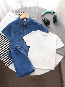 SHEIN 3 件装年轻男孩破洞复古美式夏季韩版时尚宽松设计独特牛仔衬衫 + 纯白牛仔短袖 T 恤 + 休闲牛仔短裤。适合日常穿着、上学、购物、户外运动、旅行、春游、夏令营、度假等。 - 深色水洗藍 - 查看 1