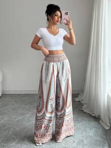 Elenzga Damen elegante modische Lässig/Pendler/Urlaubs Festival hohe Taille weite Bein Retro bedruckte Hosen (zufälliges Retro-Muster)