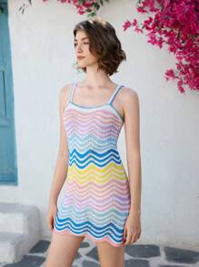 Skyraze Women Striped Knitted Slip Dress,Knit Floral Hollow Swimsuit Cover Up,  Summer Beach Vacation,Beachwear Dress - Multicolor - View 3