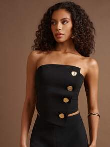 Vixey 办公室风格纽扣不对称无袖上衣，商务休闲女士，老钱风格 - 黑色 - 查看 2