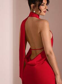 SHEIN BAE Váy dài bằng vải satin hở lưng cổ sâu màu trơn cho nữ, váy phù dâu, váy satin, váy gợi cảm, xuân/hè - Đỏ - Xem 5