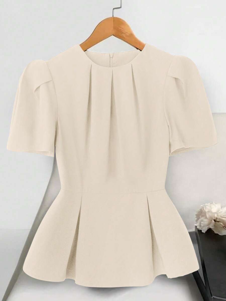 SHEIN Clasi 女士黑色圆领收腰短袖衬衫 - 杏色 - 查看 1