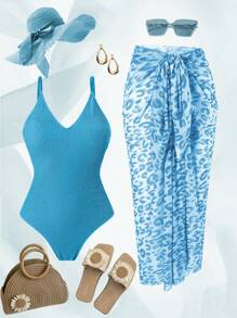 Swim Oasis Plus Size Women Solid Textured One-Piece Swimsuit & Leopard Print Cover Up Skirt, Simple Daily Beach Wear, Summer Vacation Outfit - Multicolor - View 1